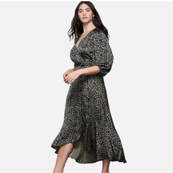 Good American Leopard Wrap Dress 5 XXL Military Green High Low Hem Puff Sleeve - Picture 1 of 12